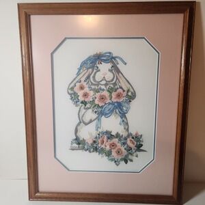 Vintage Framed Bunny Rabbit Needlepoint Embroidery Art Cottagecore grandmacore